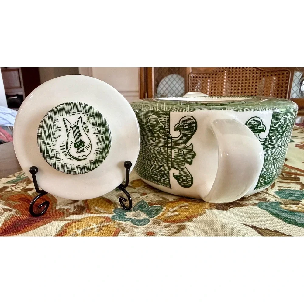 Vintage Homer Laughlin Teapot, Green Musical Instruments, MCM Connoisseur Shape